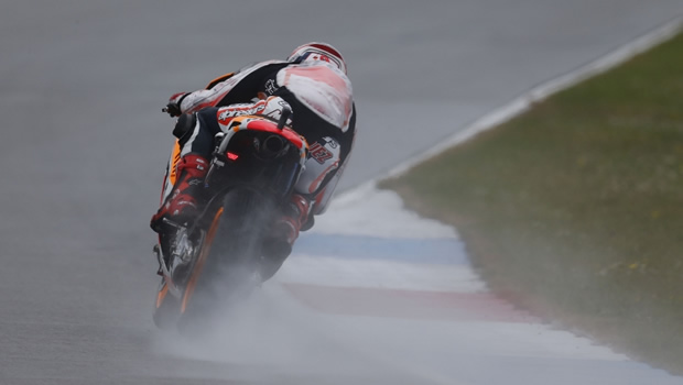 Honda factory rider Marc Marquez in a wet practice session at Assen